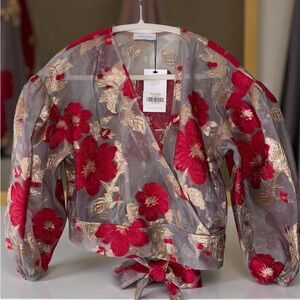Sheer Blouse with Red and Gold Floral Design